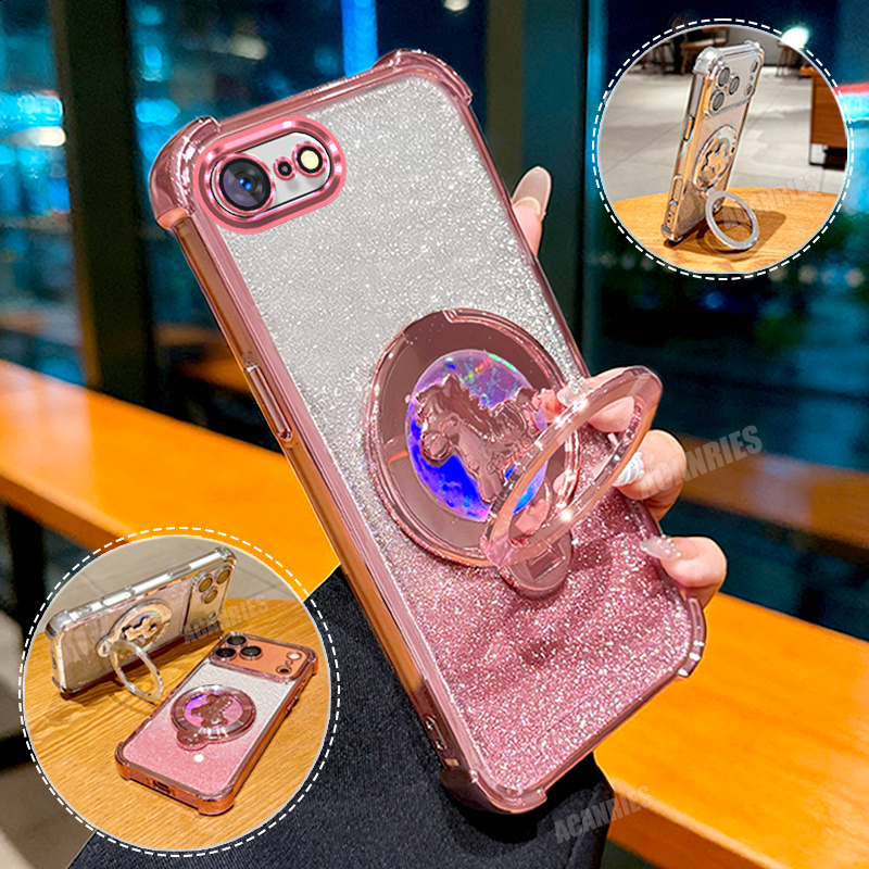 TEMU Phone Case: Luxury Color Changing Horse Bracket Rotate Holder With Trendy Plating Glitter Gradient Shockproof Protective Soft Phone Case For