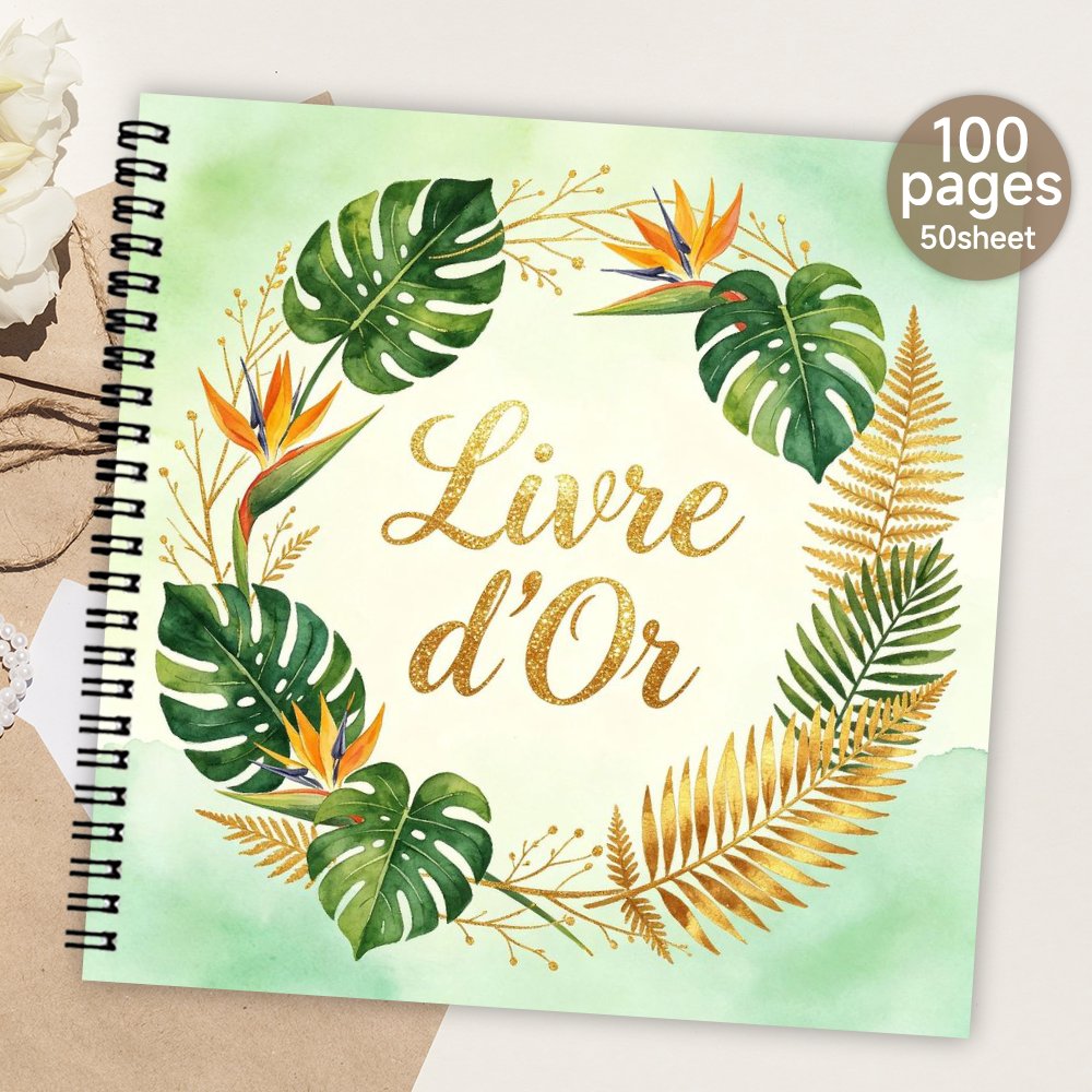 TEMU 'or 1 pièce, motif couronne florale avec Monstera et Strelitzia, pages vierges pour des invités, livre de messages et de , cadeau souvenir