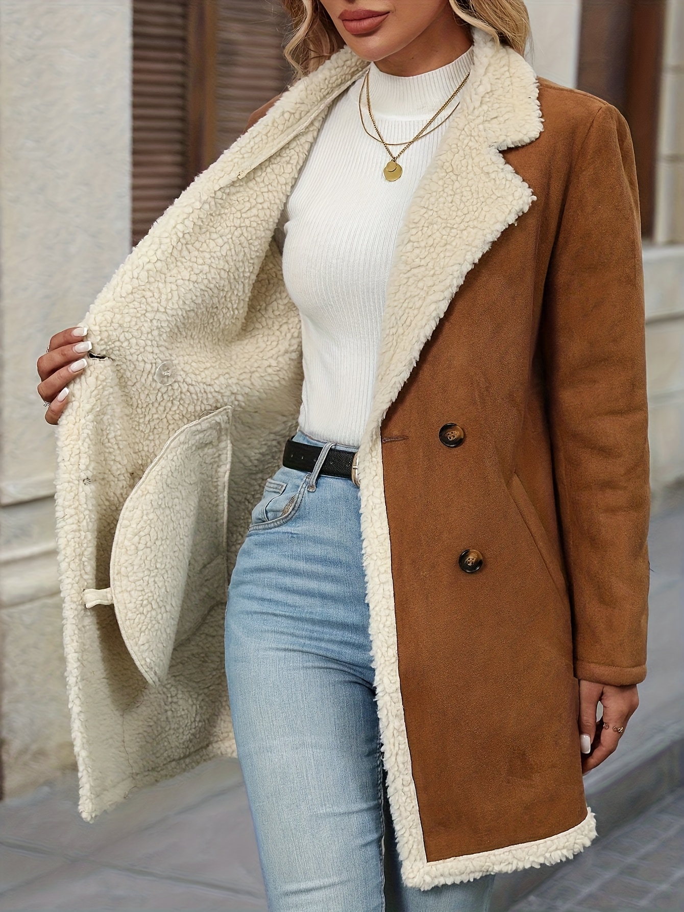Long-Sleeve Double-Breasted Coat for Women