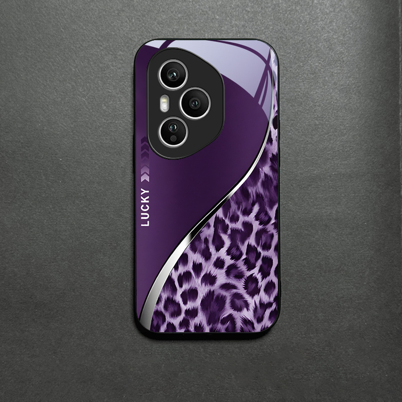 Ovitek za telefon - Vijoličen stekleni ovitek z leopardjim vzorcem, združljiv z modeli Honor 400 Pro, Honor 400, 300 Pro, 300, 200 Pro, 50, 10,