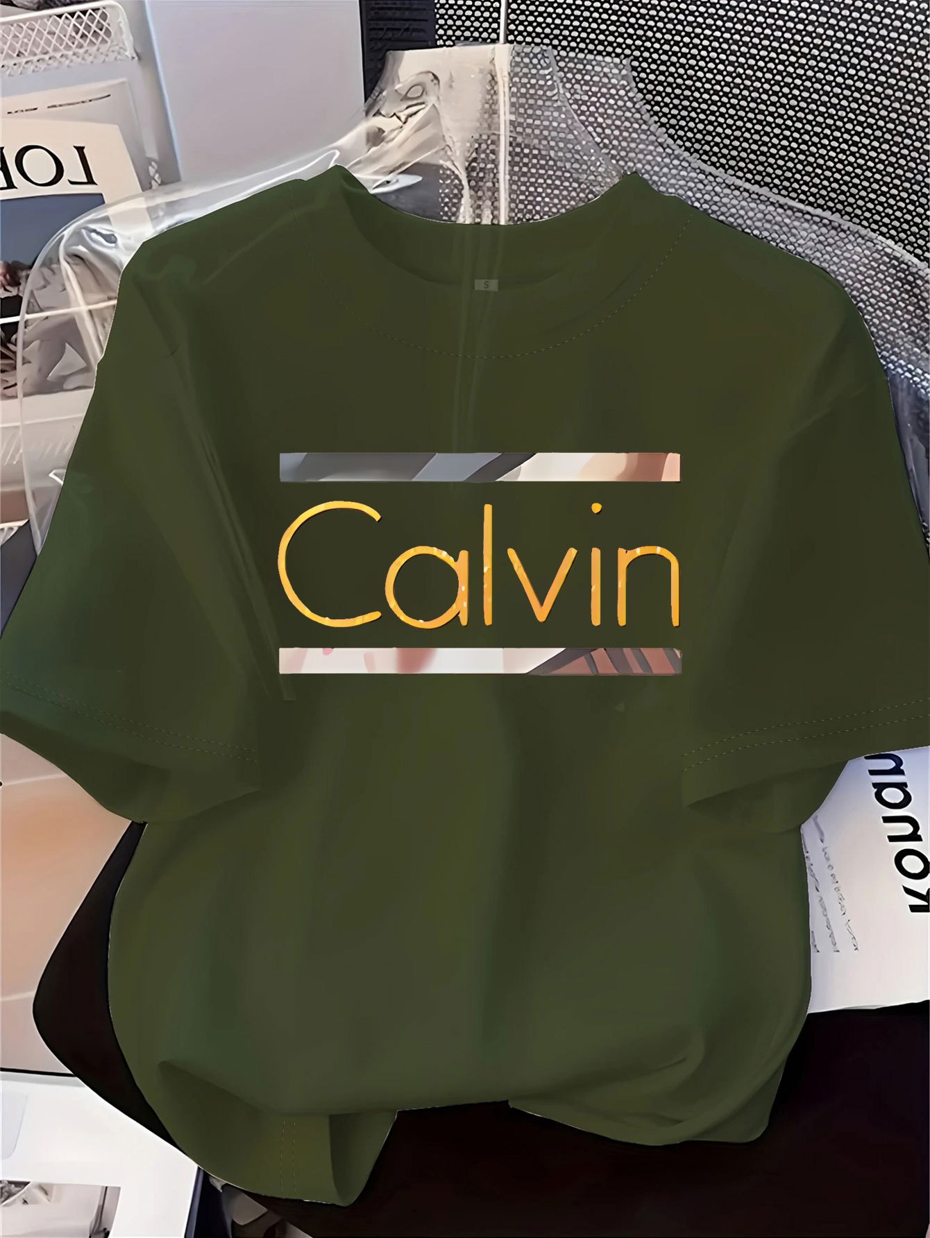 Women's Elegant Round Neck Short-Sleeve T-Shirt - Vibrant Red with White Calvin Monogram Print, Soft Fabric, Casual Versatile Top for Spring & Summer, Machine Washable, Casual Attire, Stylish Letter Print, Comfortable Fit