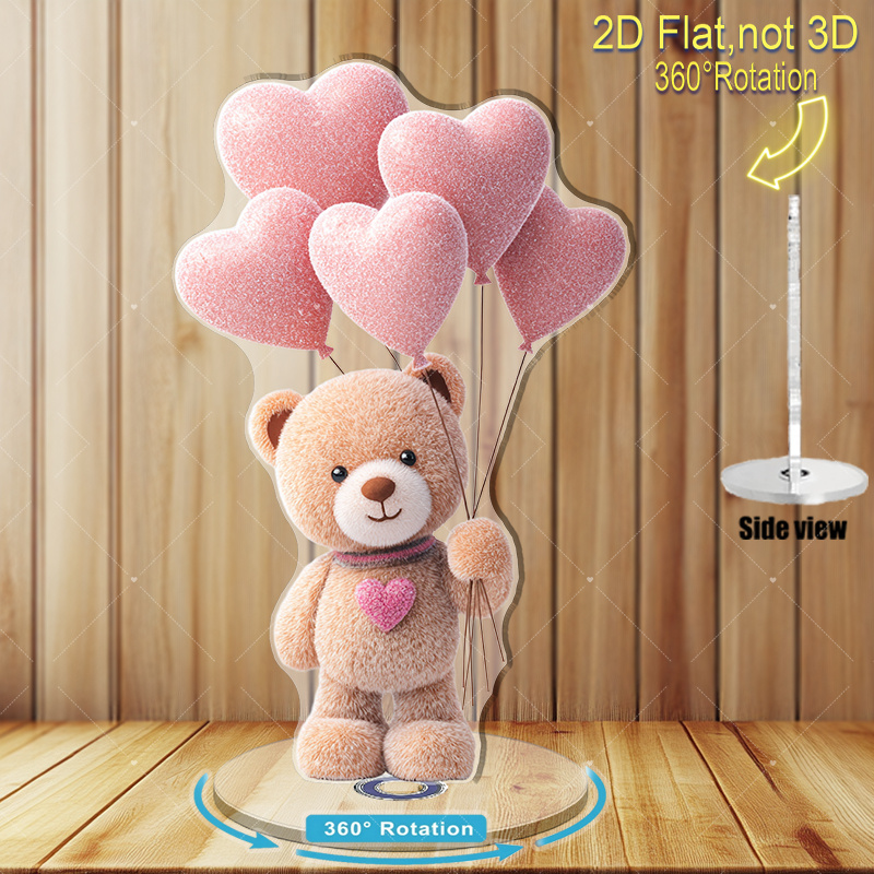 TEMU 2d Flat, 2d Flat 2d Plane, Rotating 2d Plane Acrylic Teddy Bear Statue With Pink Heart-shaped Balloon - Rotating Plush Replica, Cute Anniversary