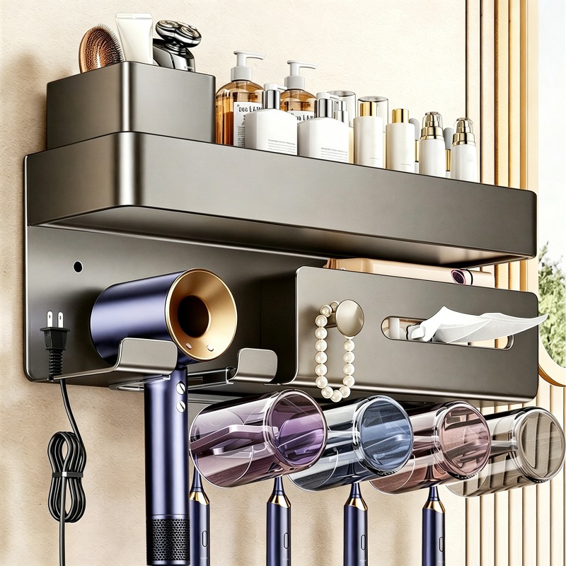 Image of Hair Dryer Holder Wall No Drilling, Hair Dryer And Straightener Holder For Styler Curling Additions, Hair Dryer Holder Wall Mount, Self-adhesive Hair Dryer Holder Organizer Bathroom