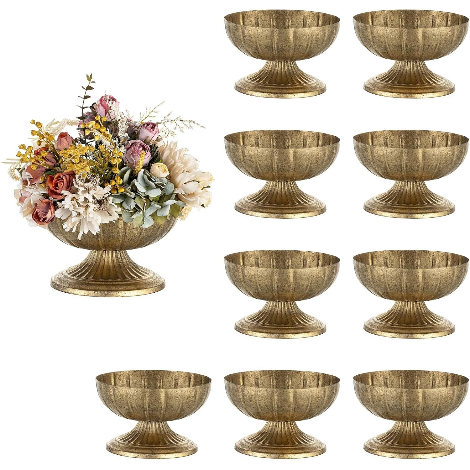 Image of Golden Compote Vase For Centerpiece: 8.5" Wide Short Pedestal Footed Bowl For Flowers- Distressed Brass Urn For Decorative Wedding Table Set Of 10