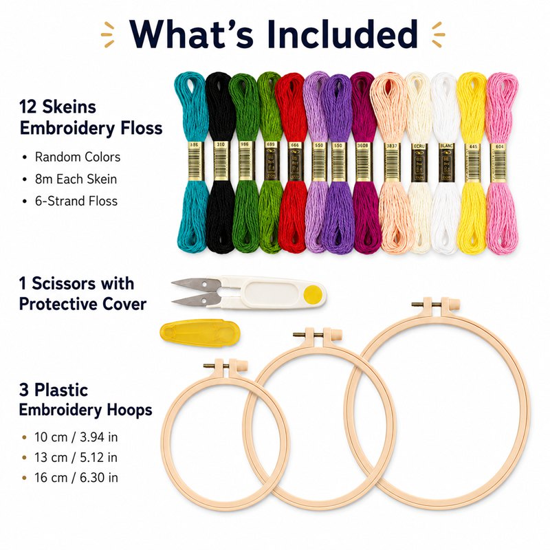Embroidery Hand Kit with 3 Round Plastic Frames and 12 Skeins