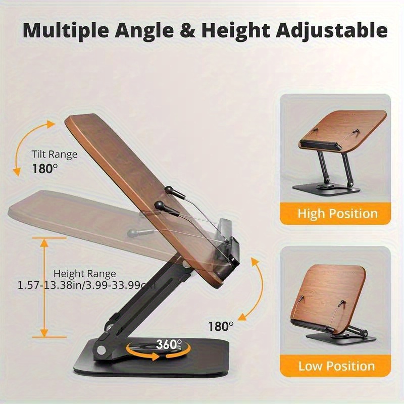 Adjustable Wooden Bookshelf With 360 ° Rotating Base - Foldable, Portable, Lightweight Reading Stand, Suitable For Offices, Kitchens, Schools, Etc Kindle, Tablet Computer - Adjustable Height And Angle, Desk Storage Box [ Foldable Design] Metal Suppo