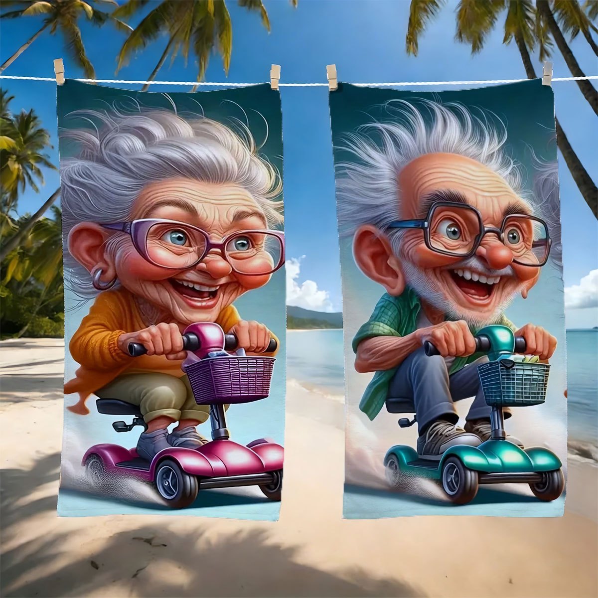 TEMU 2d Flat, 2pcs Set 2d Flat Beach Towels With Fun Senior Scooter Designs, Microfiber Beach Towels-soft, Beach Blankets, Very Suitable For Seaside,
