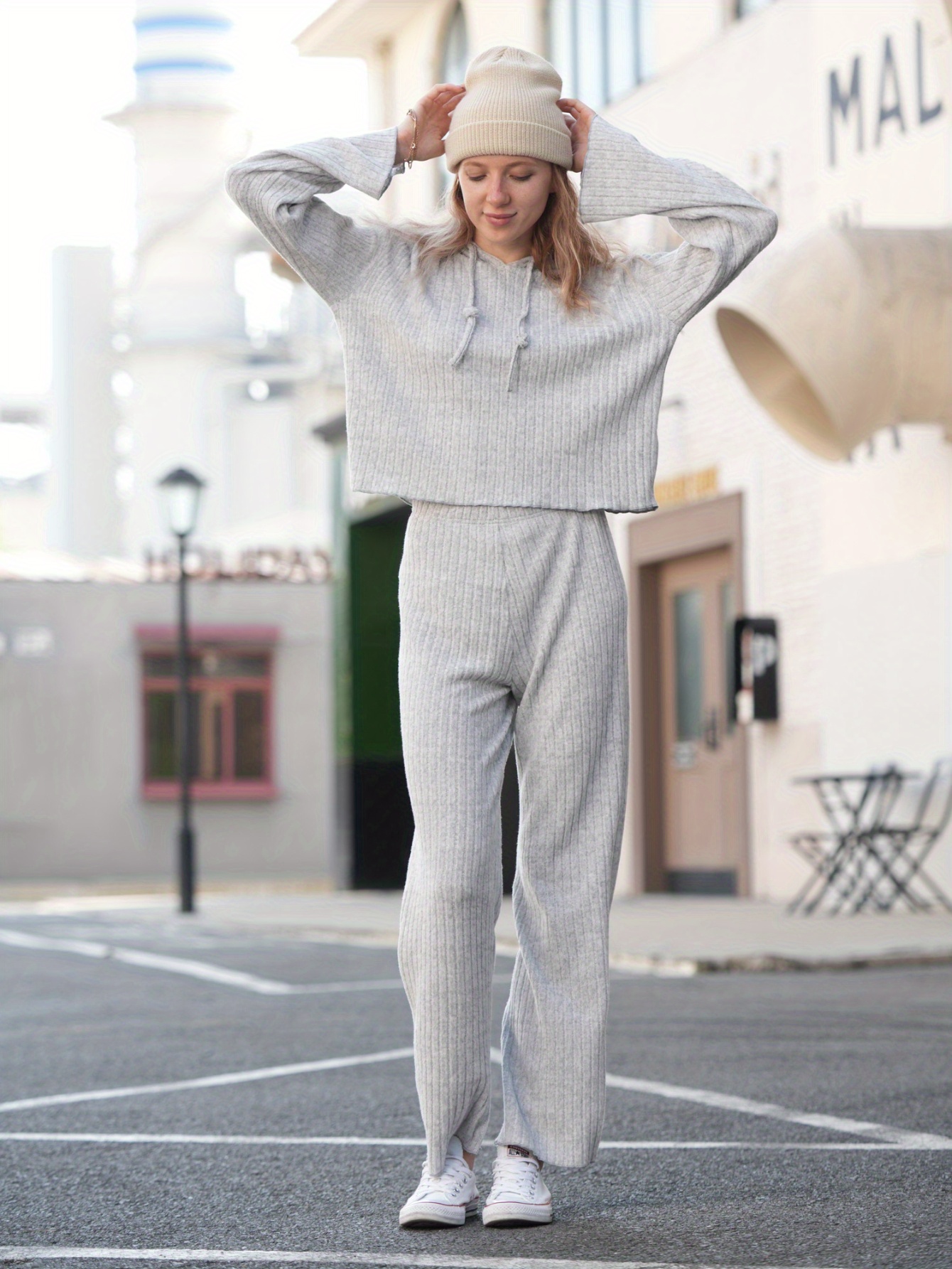 knitted texture] women's striped hoodie wide-leg pants set