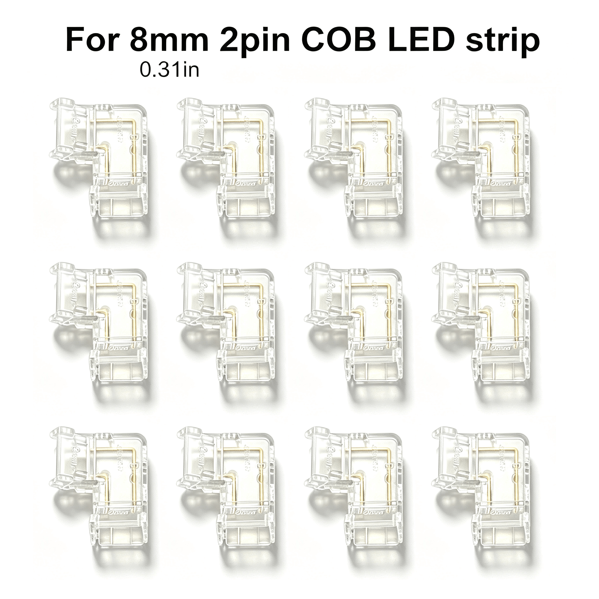 TEMU 12 L-подібних 90-градусних з’єднувачів для COB LED стрічок, 8 мм, 2-контактні, прозорий , живлення не потрібне, підходять для RGB CCT стрічкових