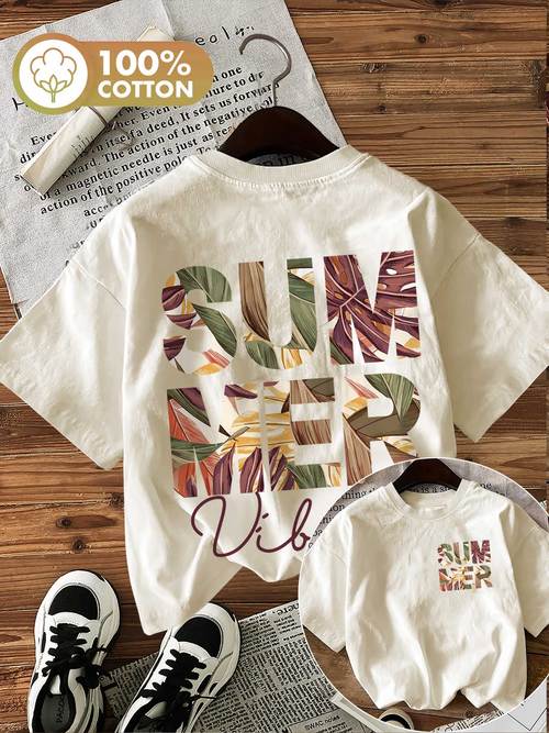 summer printed round neck short sleeve t shirt for women featuring a tropical plant and leaf design on