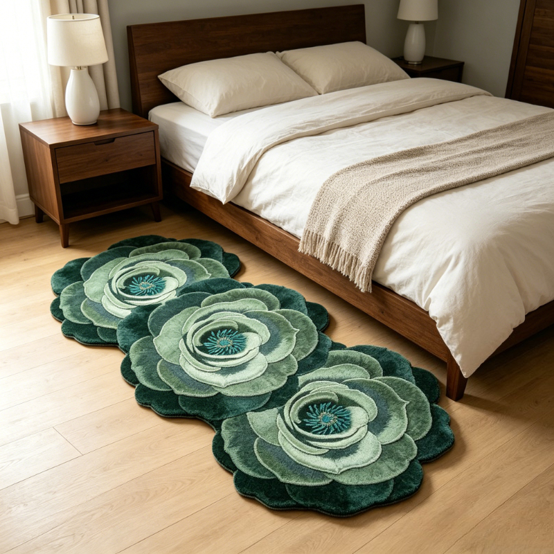 TEMU Velvet  900g  9mm 2d Flat Thin Pile 3d Effect, Not Long Pile, Nordic Vintage Gradient Emerald Rose Bedroom Bedside Long Strip Rug, Ins Light