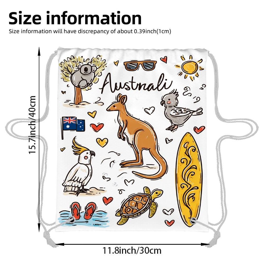 TEMU 1pc 2d Flat Fitness Backpack With Australia Day Kangaroo Koala Doodles Pattern, Soft And Durable Fabric, Lightweight Drawstring Backpack,