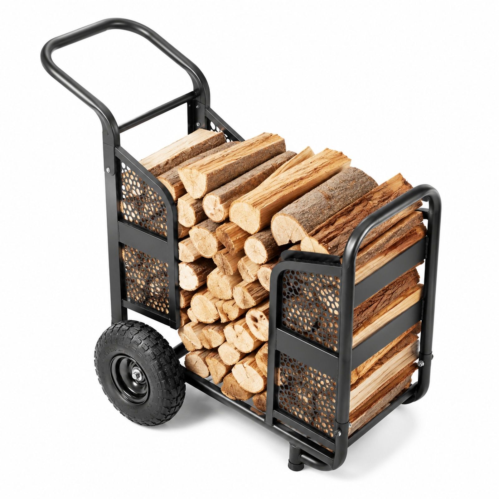 Image of Firewood Cart In Powder Coated, Black, With Wheels, Bungee Cord And Bottom Net For Fireplace Logs