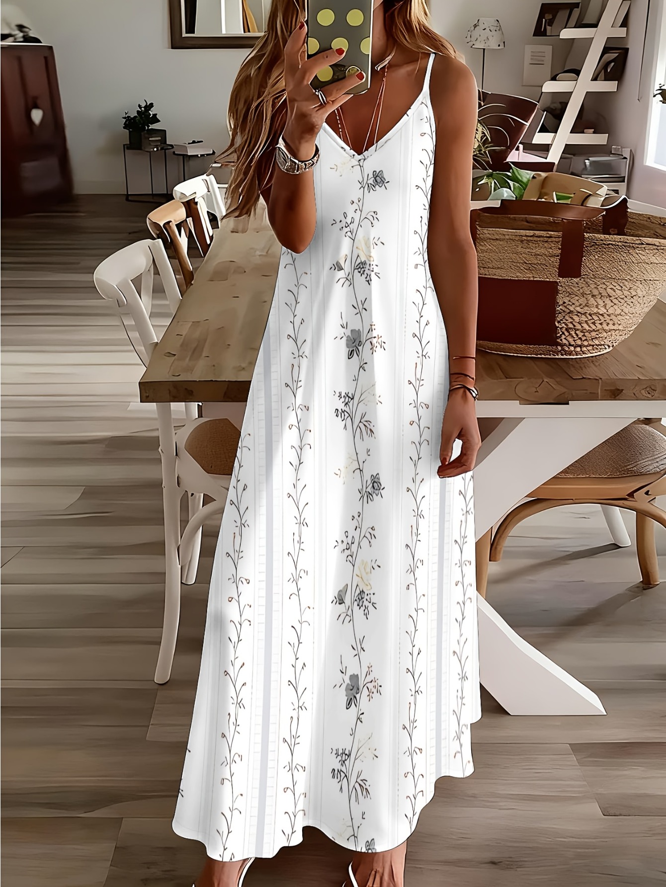 maxi dress for women with a v neck and spaghetti straps featuring a vibrant plant design   a relaxed vacation or travel