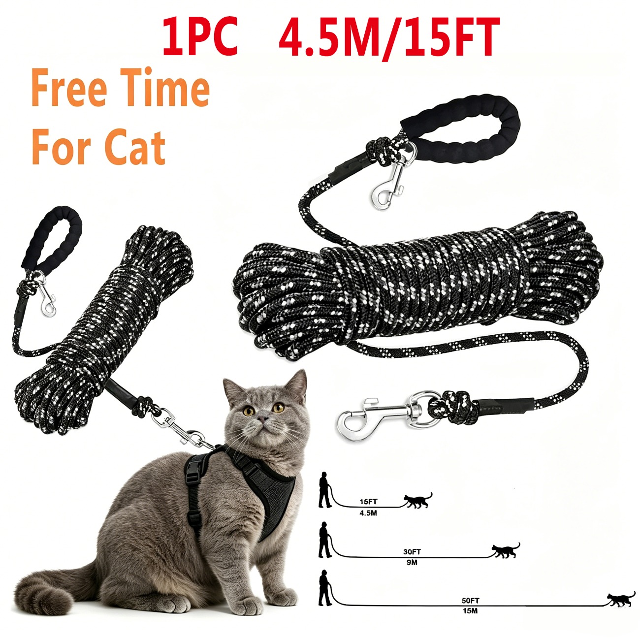 TEMU Outdoor Long Cat Black Leash, Reflective Kitten Tie Out Rope, Dual 360Â° Clips Anti-lost Training Leash, 15/30/50ft