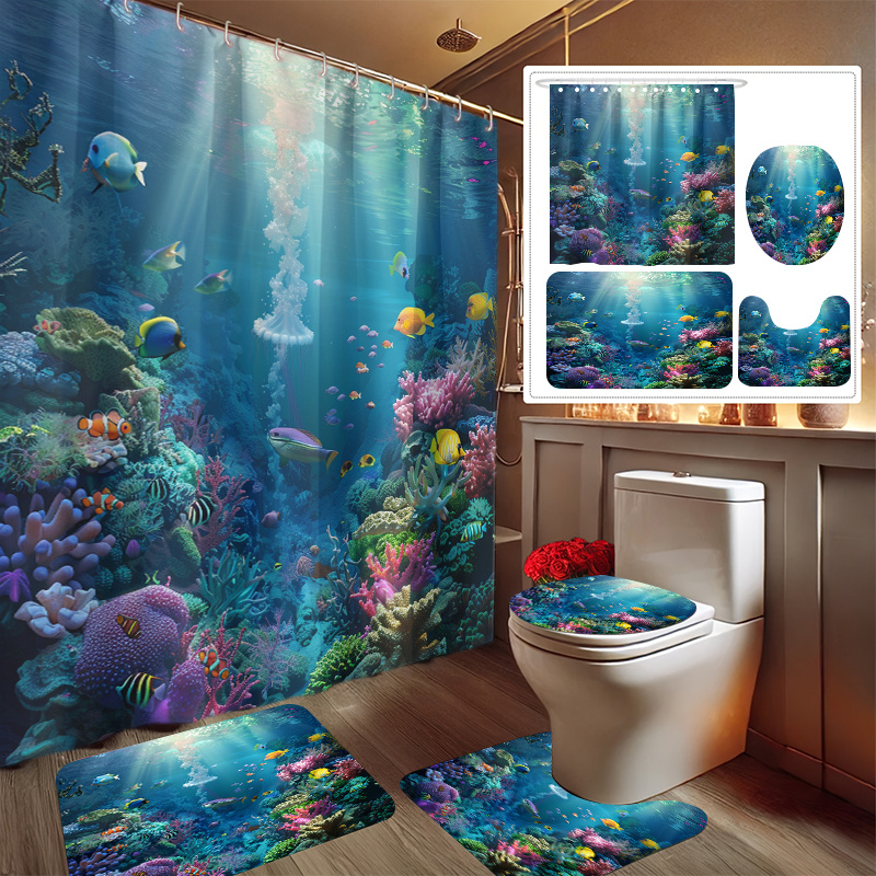 4pcs Shower Curtain Set, Polyester Fabric. Includes 71 X 71 Inch Curtain, 2, Toilet Cover And 12 Hooks, Fresh , And Easy To Clean