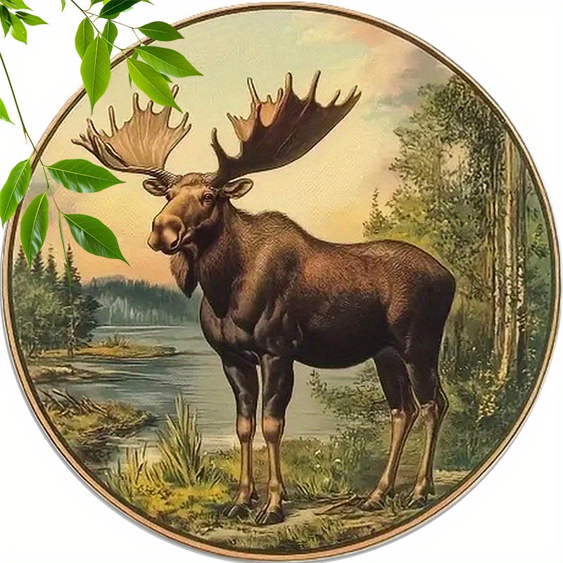 TEMU 4pcs Round Wooden Coasters With - Durable Heat-resistant Non-slip Mats, Suitable For Dining Table, Kitchen, And Holiday Decor - Rustic , Moose