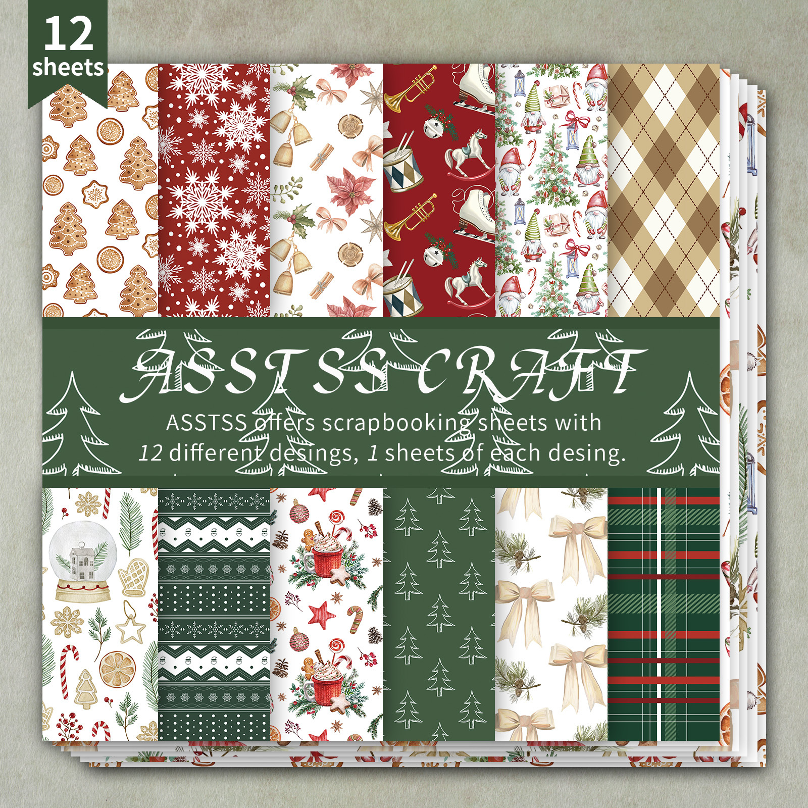 TEMU Bloc de Papier Scrapbooking ASSTSS 12 Feuilles - Papier Cartonné pour Journaling, Collage & Création de Cartes - Thèmes Rétro Noël & Généraux
