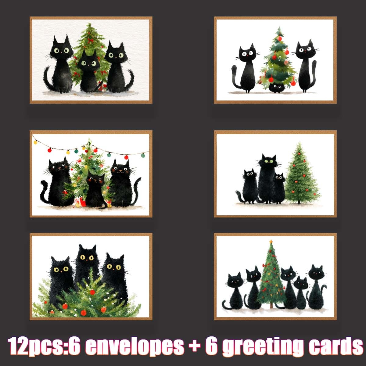 TEMU 1 Set/12pcs/24pcs Christmas Black Cat, Christmas Tree, Christmas Decorations, Yellow Eyes Greeting Card. Includes An Envelope, Folded Size