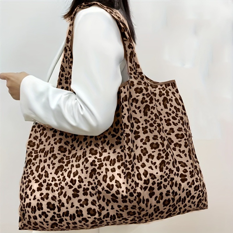Bolso Tote de Gran Capacidad con Estampado de Leopardo para Mujer - Espacioso, Resistente Bolso de Compras de Poliéster en Marrón, Diseño Plegable Adecuado para Uso Diario, Año Nuevo, Viajes, Asas Resistentes, Accesorio de Moda, Perfecto para Compras de San Valentín