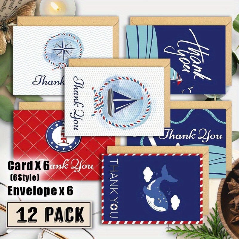 TEMU 6 Greeting Cards + 6 Envelopes, 12pcs Set, Cruise-themed Thank You Cards With Envelopes, Suitable As Gifts For Family, , Birthdays, And
