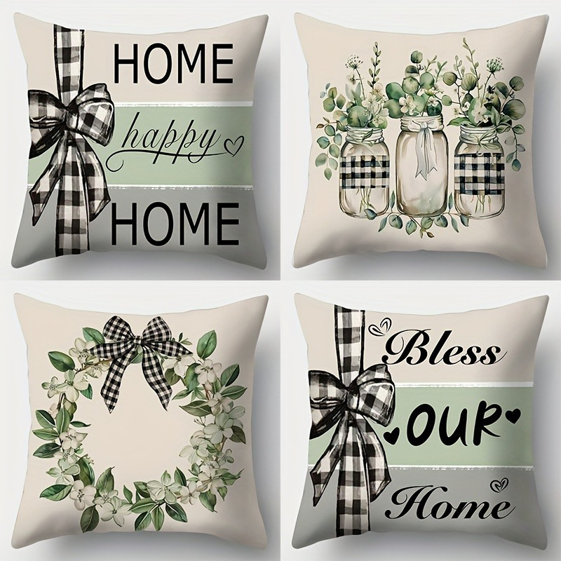 

4pcs Pillowcase, Bow Garland Pattern, Country Farmhouse Home Decoration, Soft And Comfortable, Living Room Sofa Cushion Cover, Suitable For All Kinds Of Rooms And Places, Without Pillow