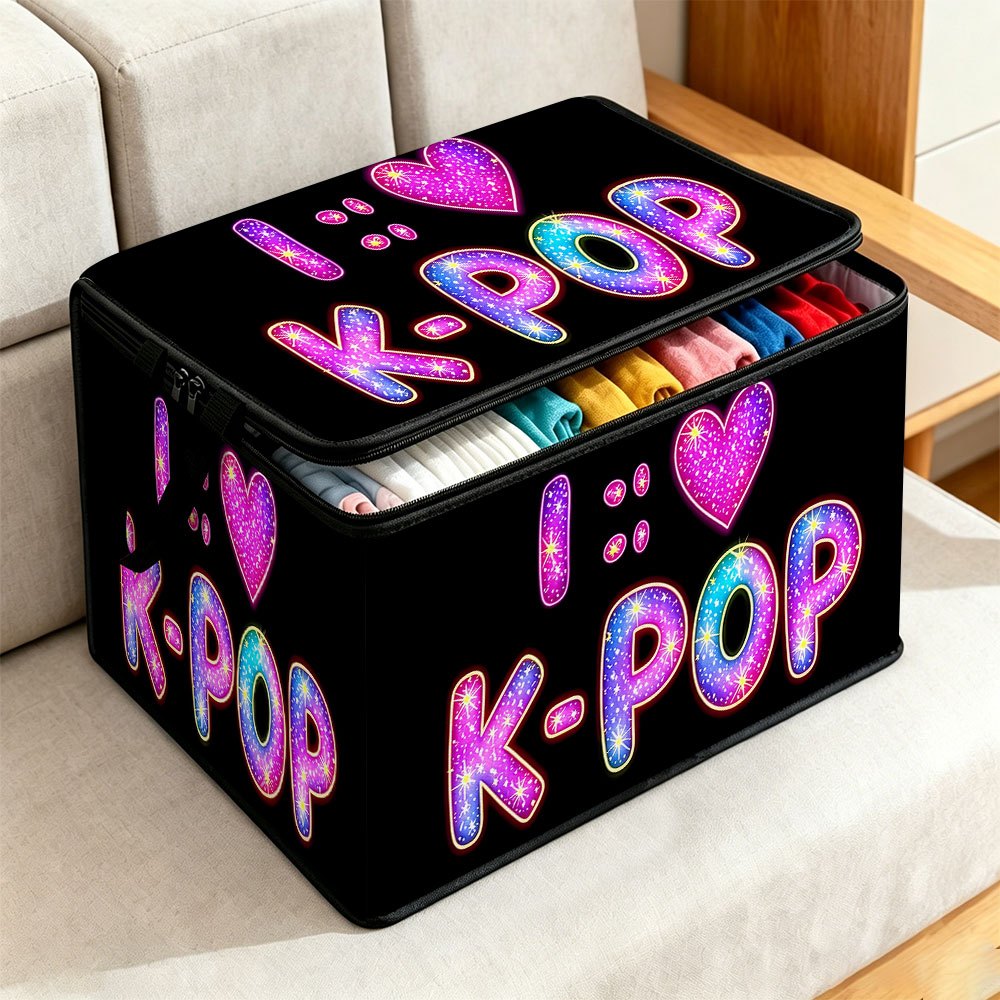 TEMU 1 Boîte de rangement pour vêtements avec couvercle, cœur K-POP à paillettes noires, Article de rangement souple, Fond noir pur avec paillettes
