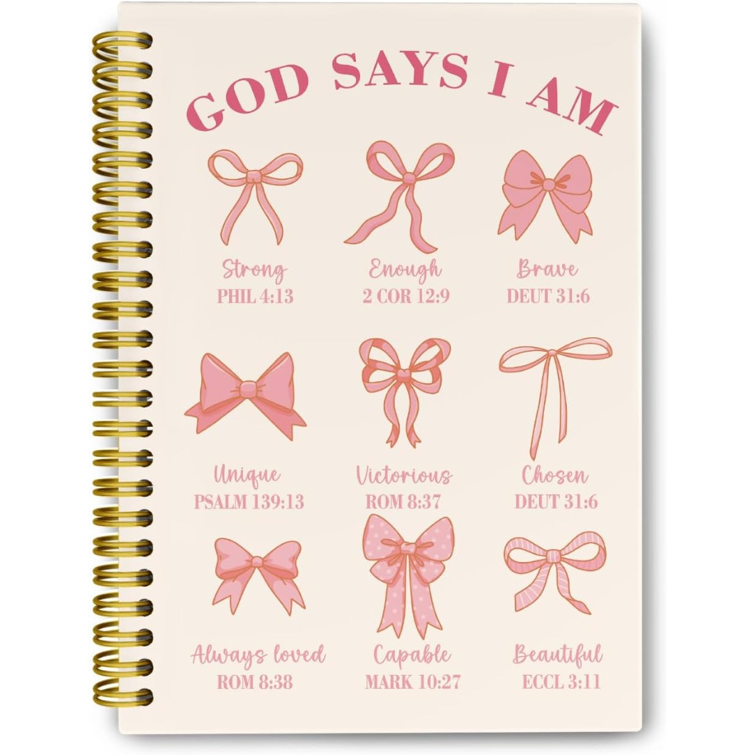 1pc 5.5*8.3 in with 50 Pages Pink Bows Bible Notebook, Christian Gifts for Women, God Says I Am Christian Scripture Prayer Joural, Churc Notebook, Positive Hardcover Spiral Notebooks College Ruled