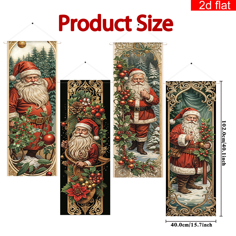 TEMU 2d Flat, 2d Flat Banner, 4pcs, Christmas Party Decoration Couplet Banner, Christmas Berry, Santa Claus, Pine Tree , Suitable For Outdoor