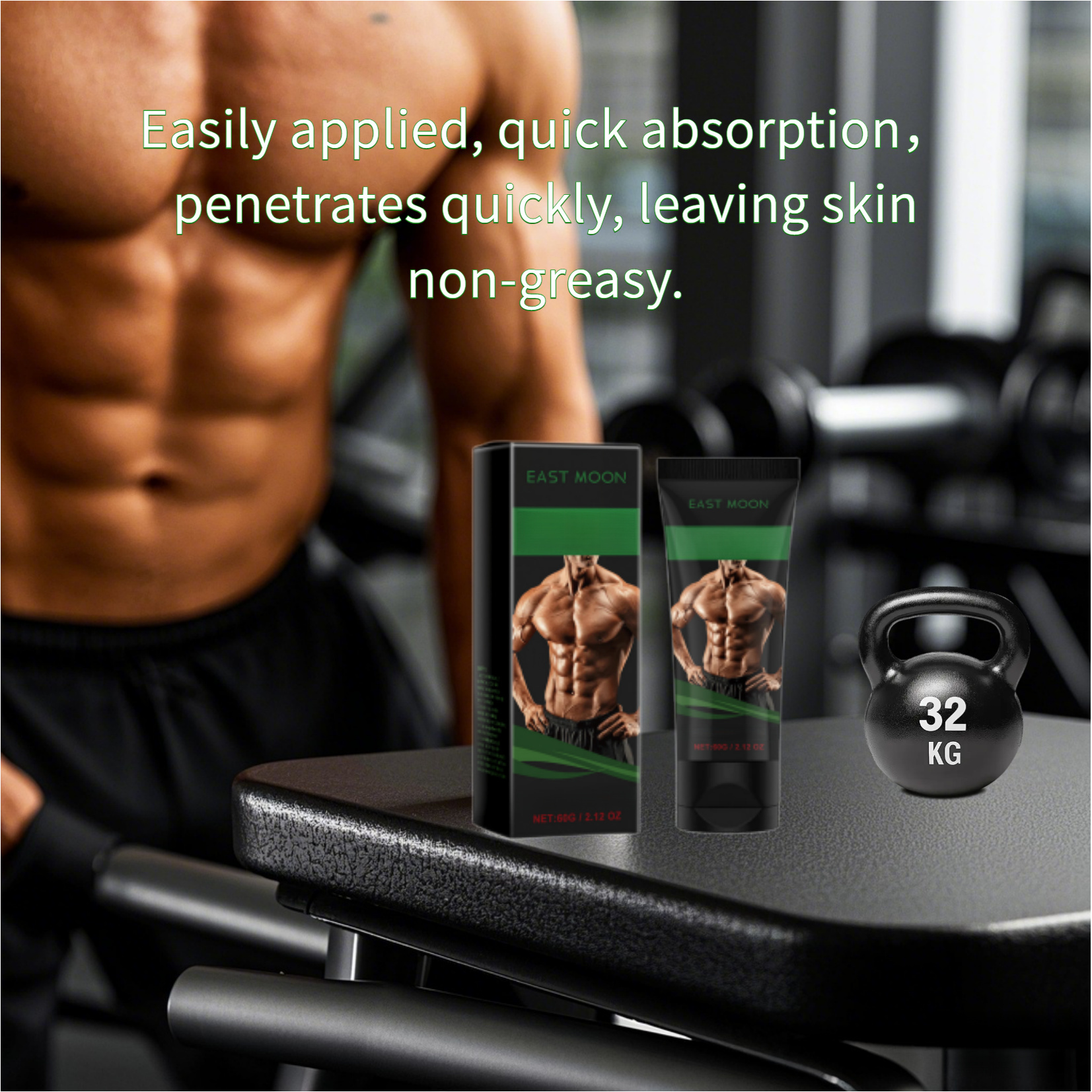 East Moon Men'S Muscle Care Cream - Quick Absorption Line-Defining Firming Body Massage Cream, Non-Greasy Formula for Gym & Sports, Glycerin & Vitamin E, 32kg Kettlebell Design for Muscle & Toning, Gym Essentials, Sleek Packaging, Glycerin Formula