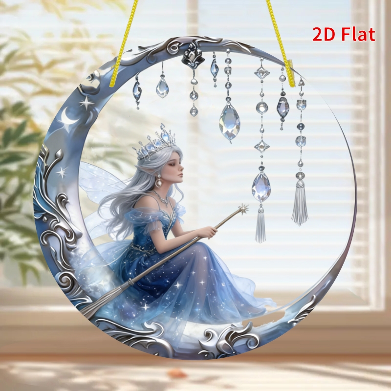 TEMU 2d Flat, 2d Flat - [2d Flat] 1pc 20.32cm X 20.32cm - Round Acrylic Moon Fairy Crystal Wind Chime, A And Garden Decoration, An Ideal Gift For ,