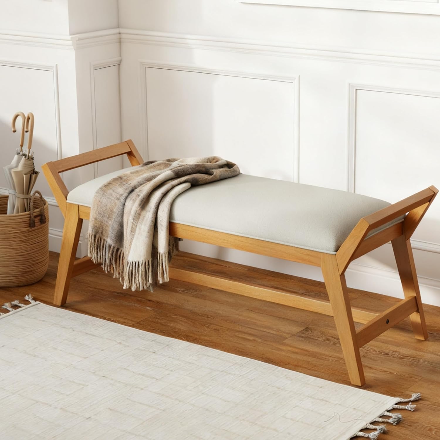 1pc 51Inch End of Bed Bench | Solid Wood Frame, Fabric Upholstered Ottoman Bench for Entryway, Bedroom, Hallway, Living Room, Modern Style