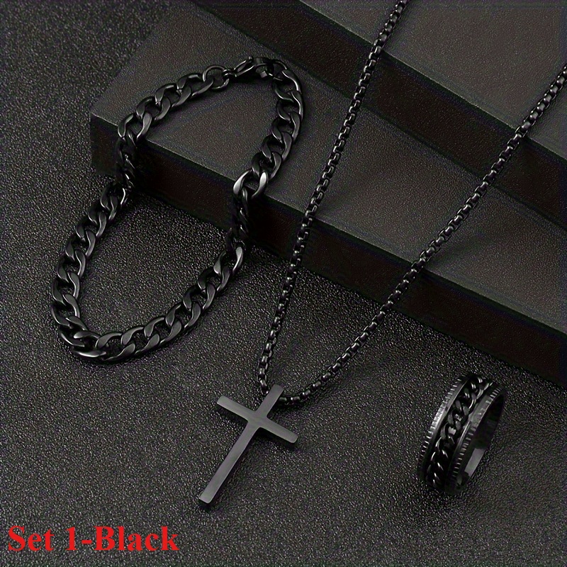3pcs/ set men Mens 3 Pcs Fashion Alloy Jewelry Set Cross Pendant Necklace Bracelet Ring Combo main image 0