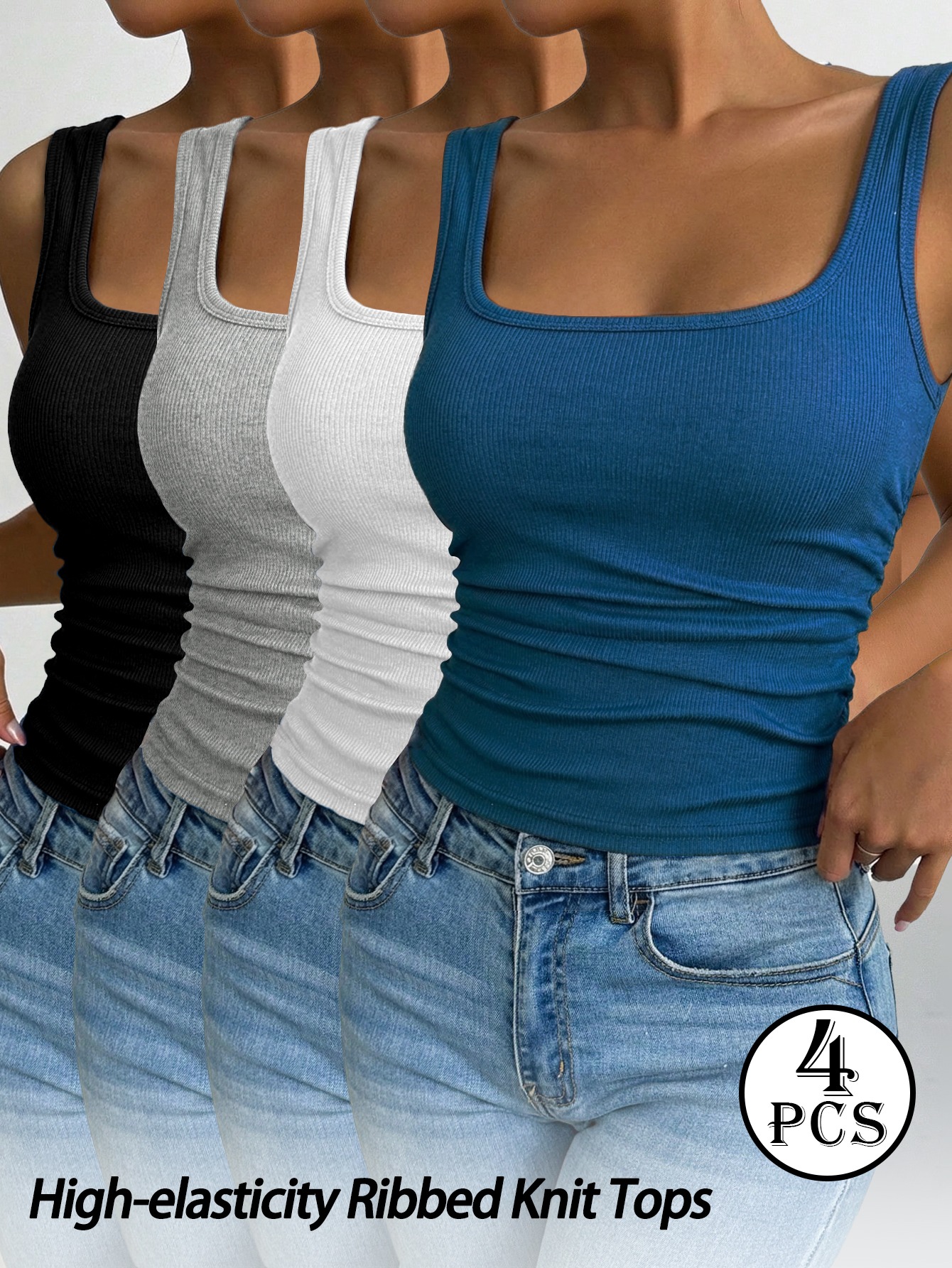 4pcs beautiful back threaded vest womens fitted solid color crew neck sleeveless pullover bottoming shirt for spring and autumn high stretch fabric casual wear