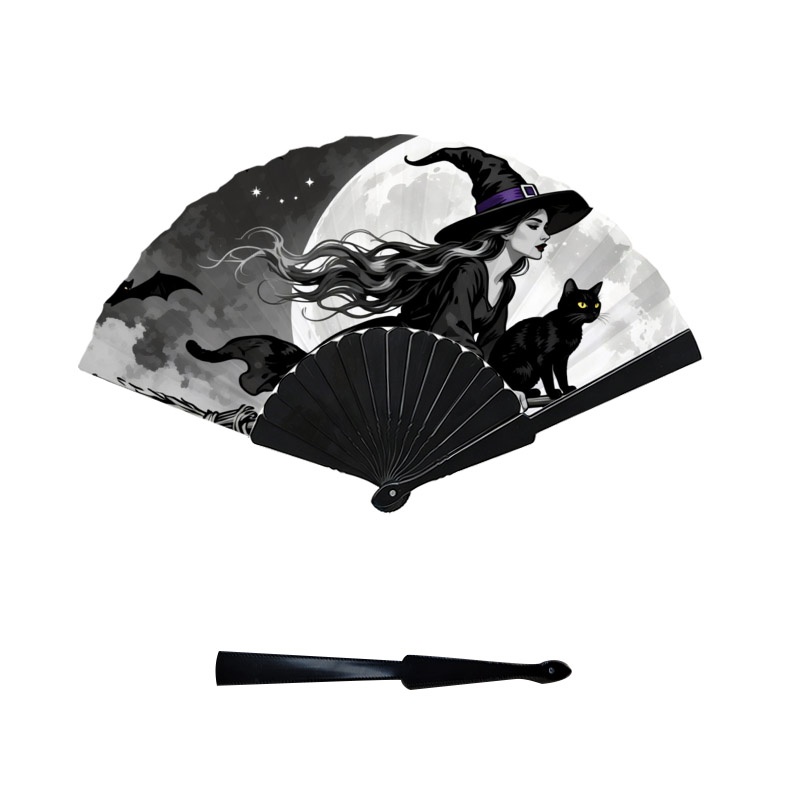 TEMU 2d Flat, 1 Plastic Fan Rib 2d Single-sided Print Handheld Fan, Featuring Halloween-themed Design Of A Witch's Broomstick, , And Black Cat. A