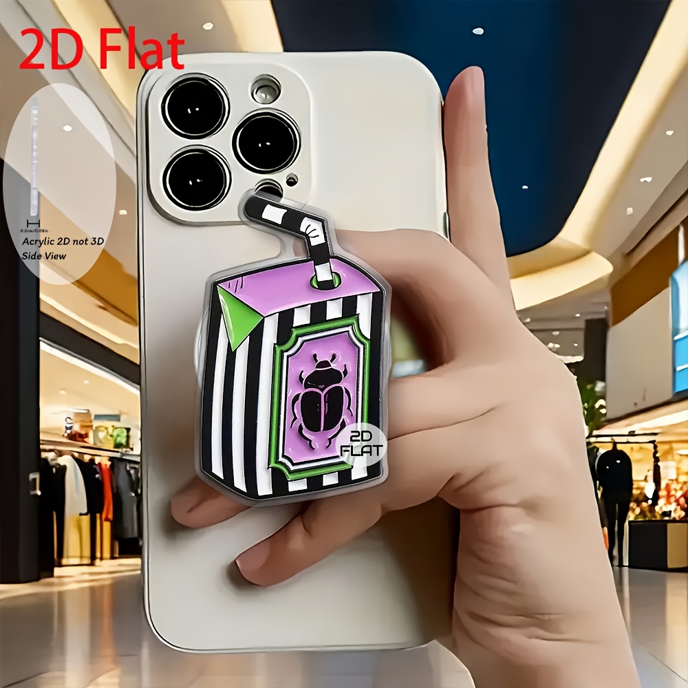 TEMU Support de téléphone rétractable en acrylique 2D plat, motif de dessin animé à rayures noires et blanches, support de téléphone pop-up