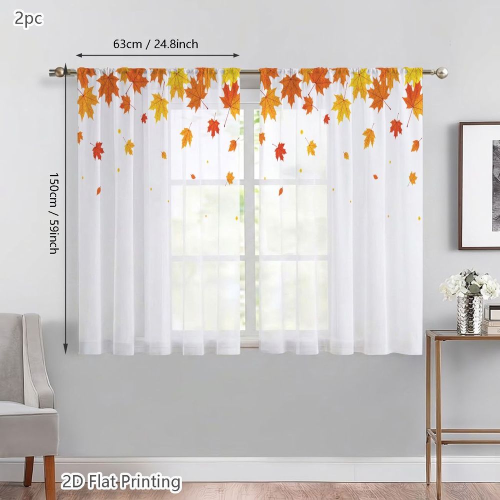 TEMU 2d Flat - 2d Flat, 2pcs Small Semi-transparent Sheer Curtains, Elegant Autumn Border Print Decorative Drapes In Modern Minimalist Style, For