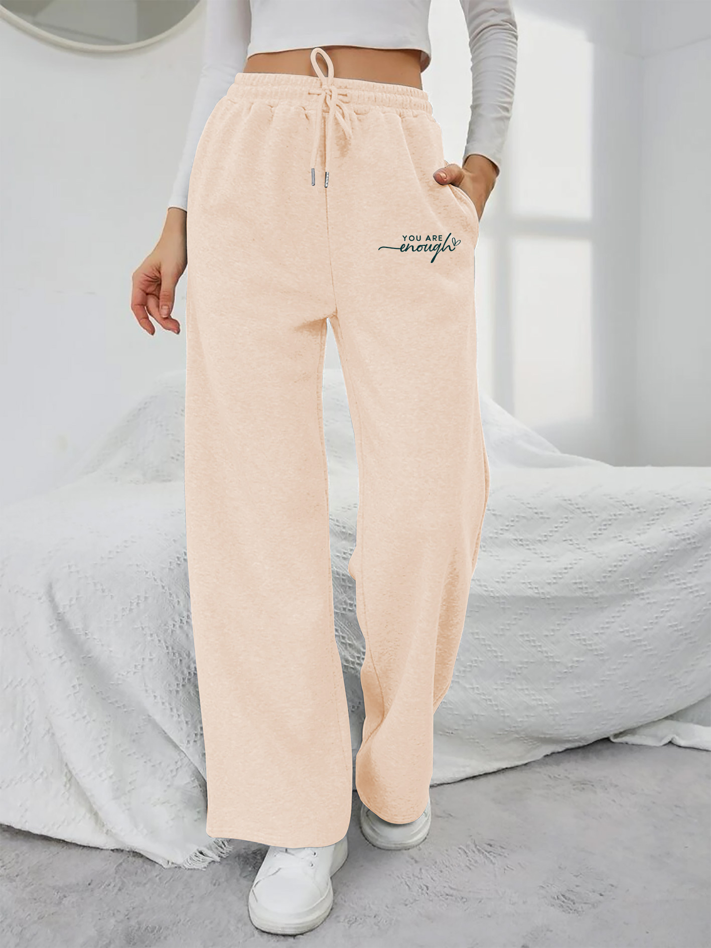 womens cozy fleece lined joggers drawstring waist soft beige