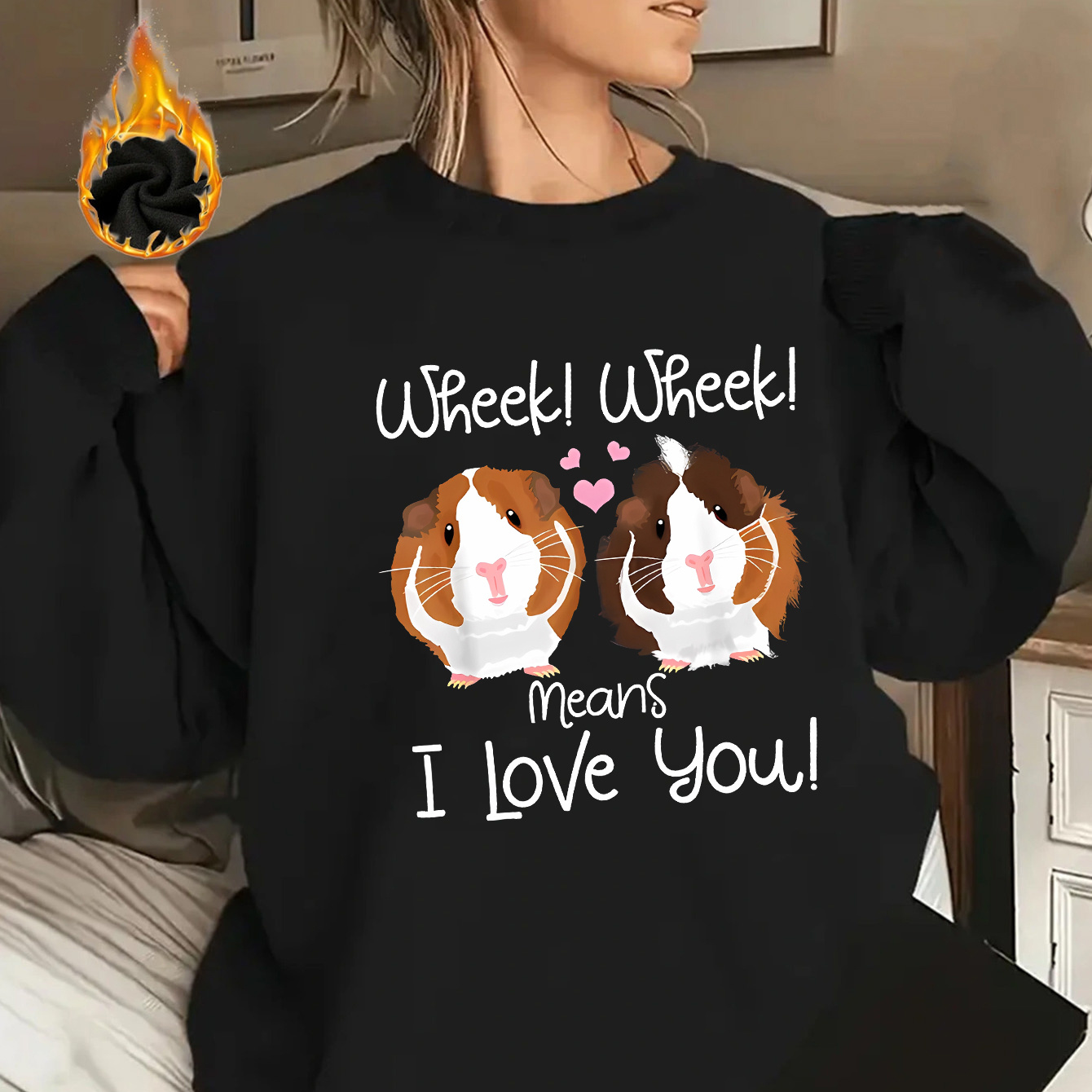 

1pc Elegant Crew Neck Women's Pullover Sweatshirt With Alphabet Love Heart Guinea Pig Print, Knit Polyester With Stretch, Casual Long Sleeve Fleece-lined Top