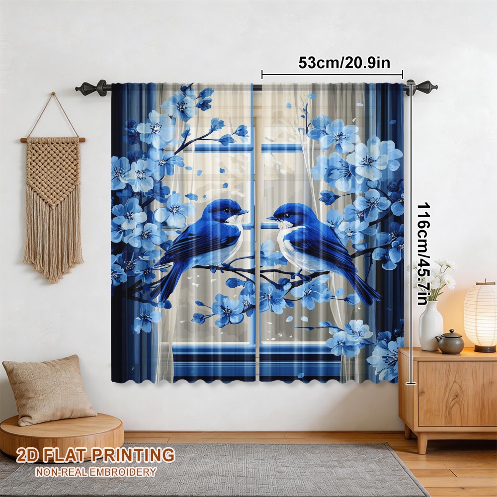TEMU Plat 2D, Rideau en Gaze Plat 2D, 2pcs Rideaux Voilages Imprimés Oiseaux , Articles de Décoration Naturels et Tendance , Idéal pour Chambre,