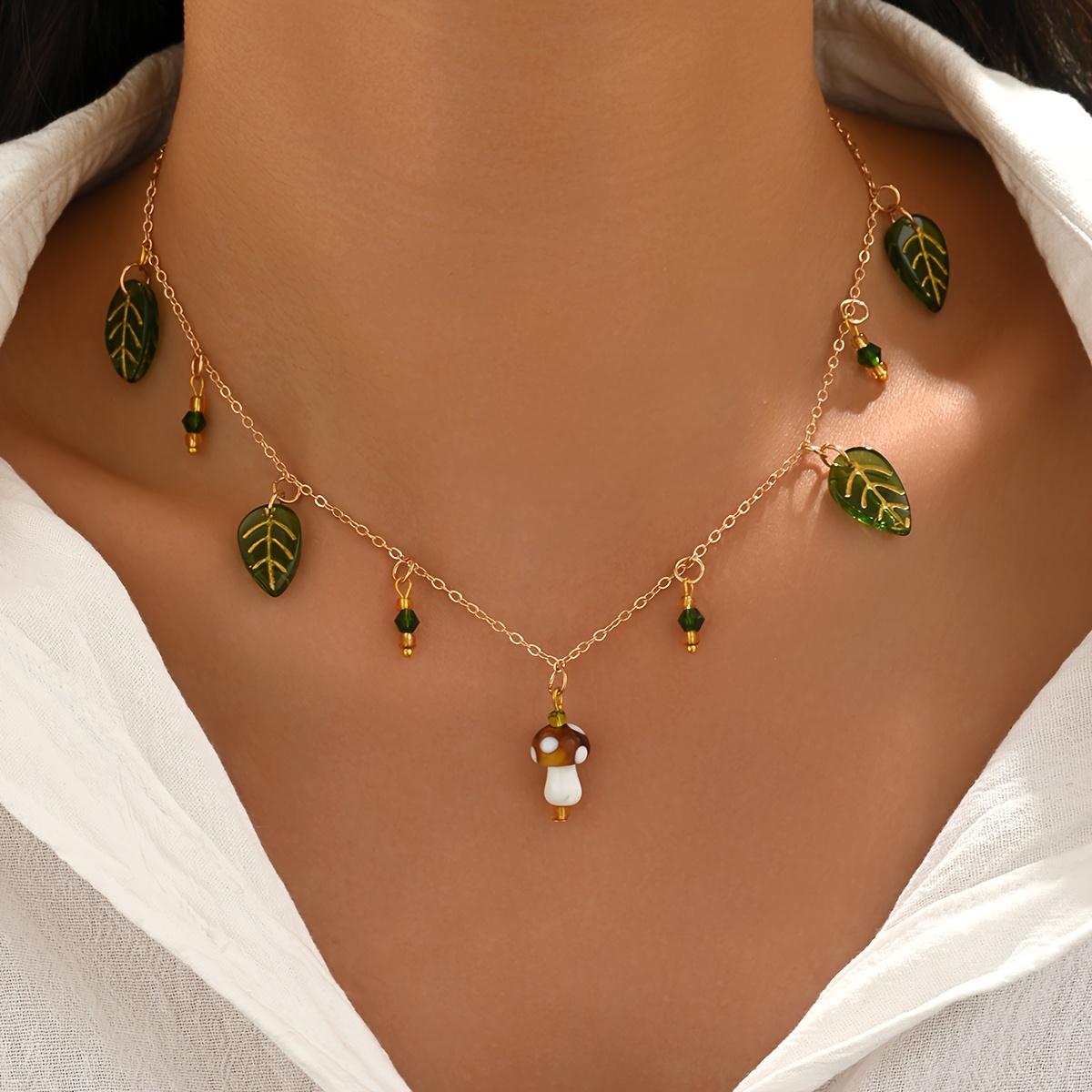 TEMU 1pc Retro Pastoral Morandi Style Leaf Mushroom Pendant Necklace, Fresh Clavicle Chain, Suitable For Daily Vacation Wear