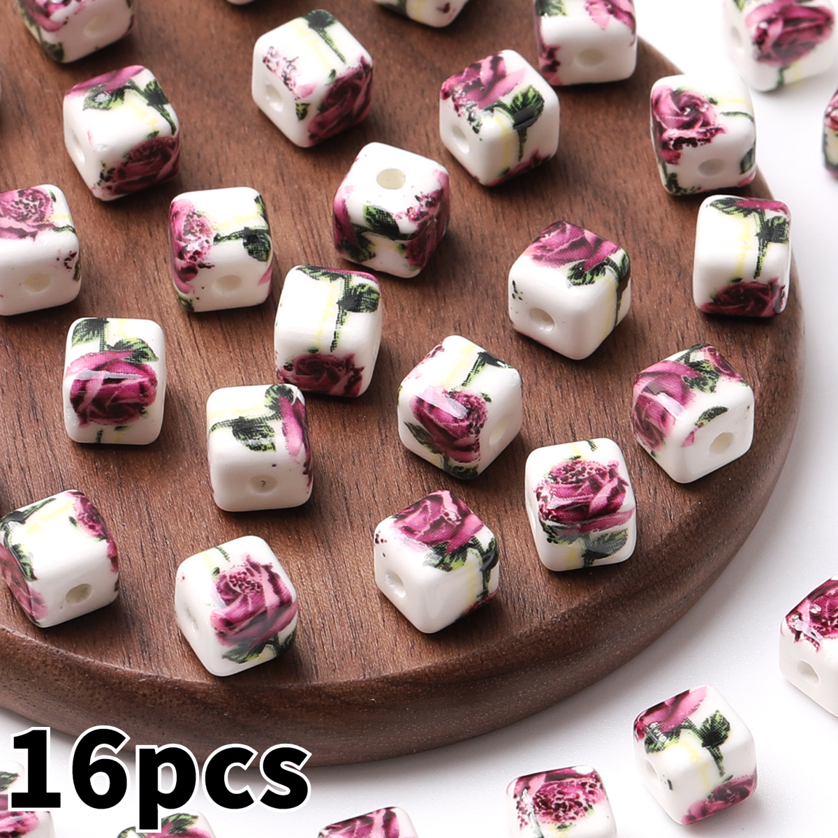 8pcs/16pcs Cube Printed Flowers Glazed Square Ceramic Beads for DIY Jewellery