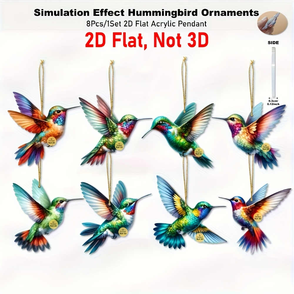 TEMU 2d Flat, 2d Flat 8pcs Set Of Colorful Hummingbird Hanging Ornaments, Easter Spring-summer Decor For Home, Windows, Office, Classroom, Wine