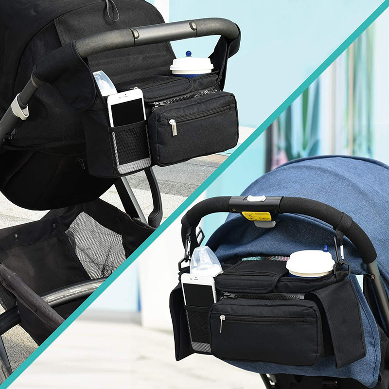 universal stroller storage bag large capacity stroller storage   in baffle and cup holder portable and durable stroller accessories suitable for storing     and water bottles black 365p   used  