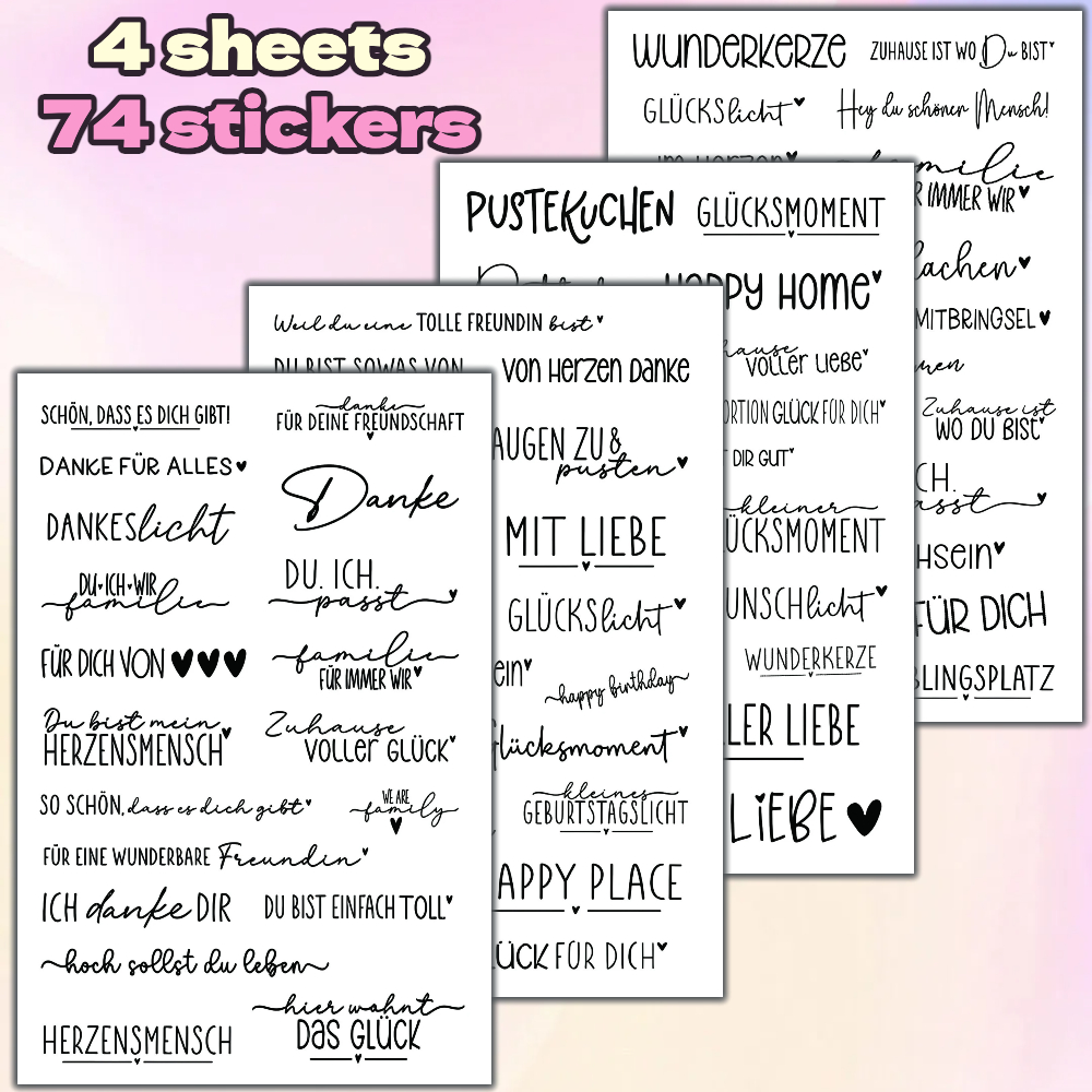 Image of 4 Sheets/74 Stickers, German Home Warm Sticker Set, Self-adhesive Design, Printed With German Phrases (hello, Happiness, Love, Family) - , Suitable For Handicrafts, Weddings, Housewarming Celebrations