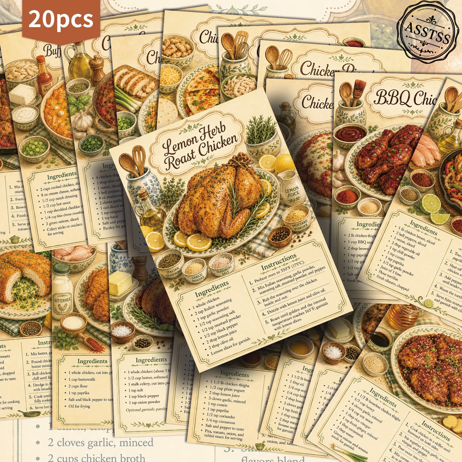TEMU 20-pack Asstss Ways To Cook Chicken Recipes Postcards - 4x6 Inches Retro Junk Journal Supplies, Classic Pinup Illustrations Collectible