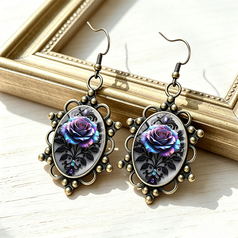 Vintage Glass Rose Dangle Earrings, Unisex Gift