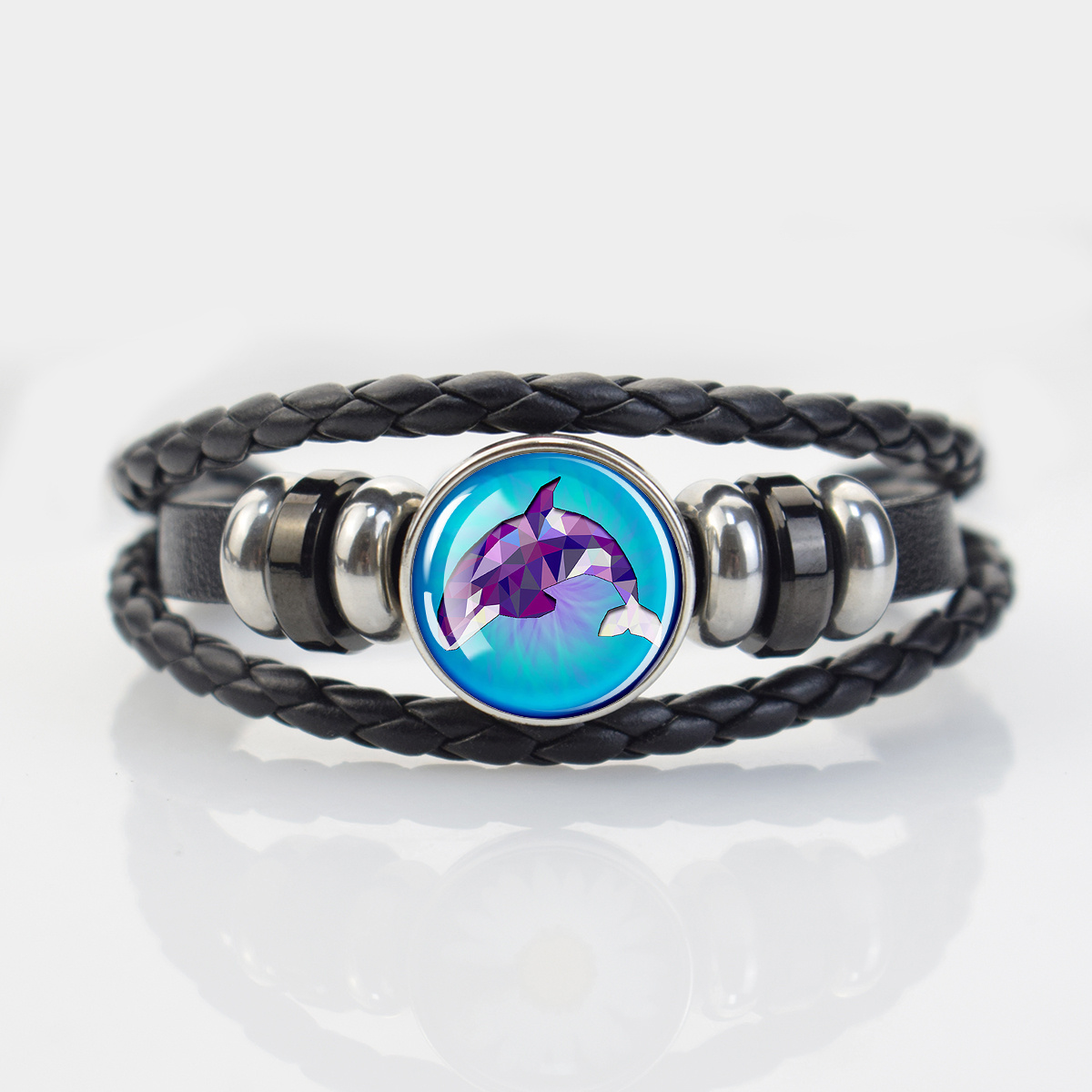 Ocean-Themed Black Braided Bracelet with Marine Animal Patterns