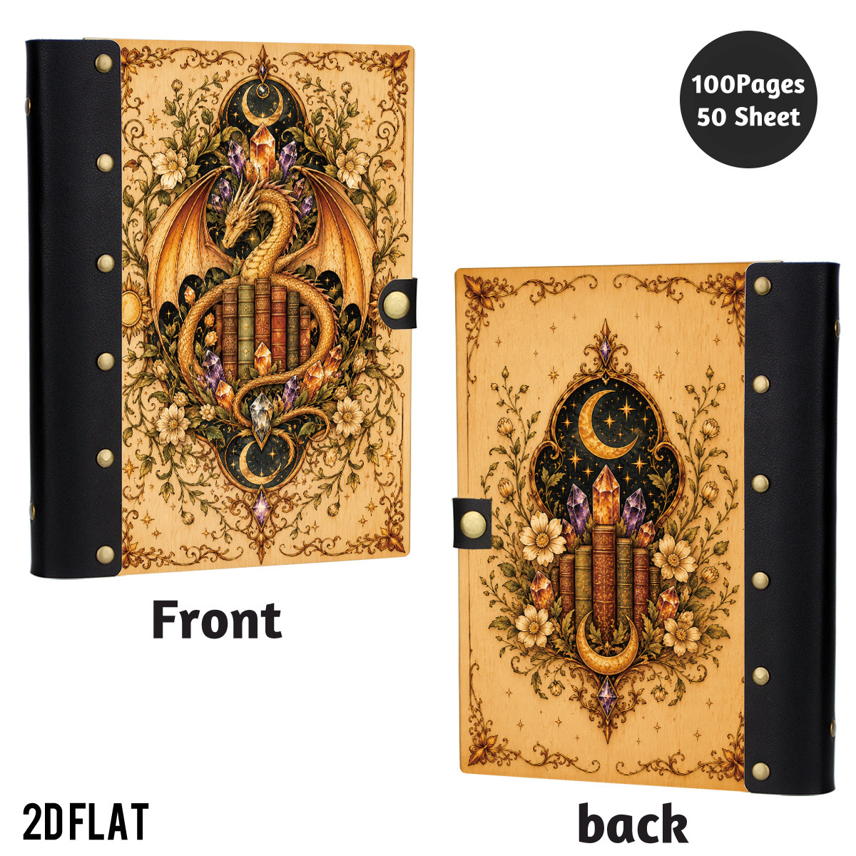 TEMU 1pc Wooden Hardcover Executive Notebook, Fantasy Journal, Suitable For Creative Writing And Inspired Doodles. Features Leather Rivet And Dragon