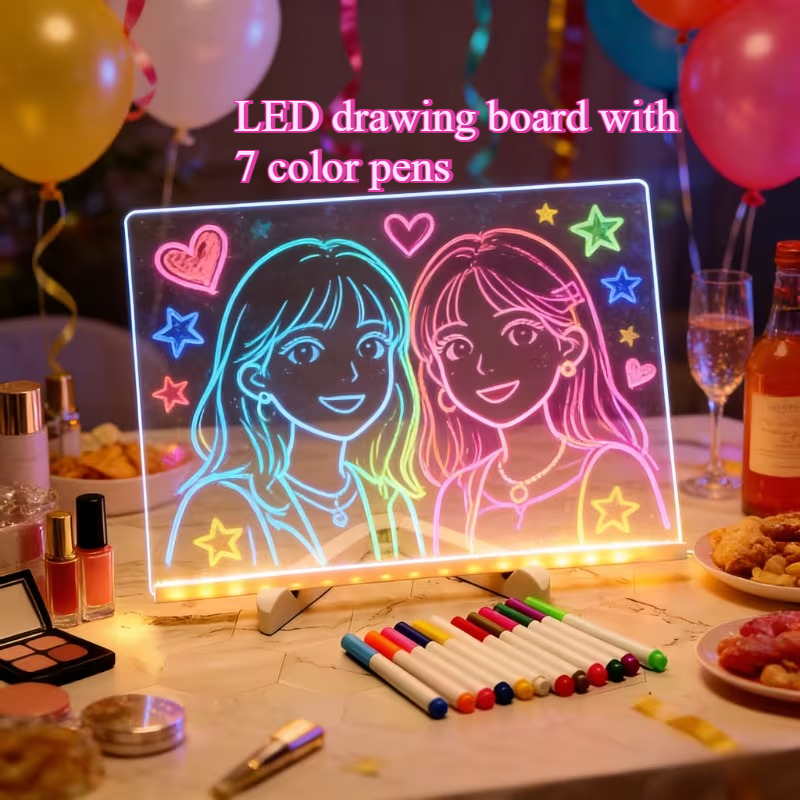 TEMU 2026 New Drawing Board, Usb-powered Led With 7-color Pens (for Professional Art Use) - Scratch-resistant, Adjustable Erasure, Led Memo Pad,